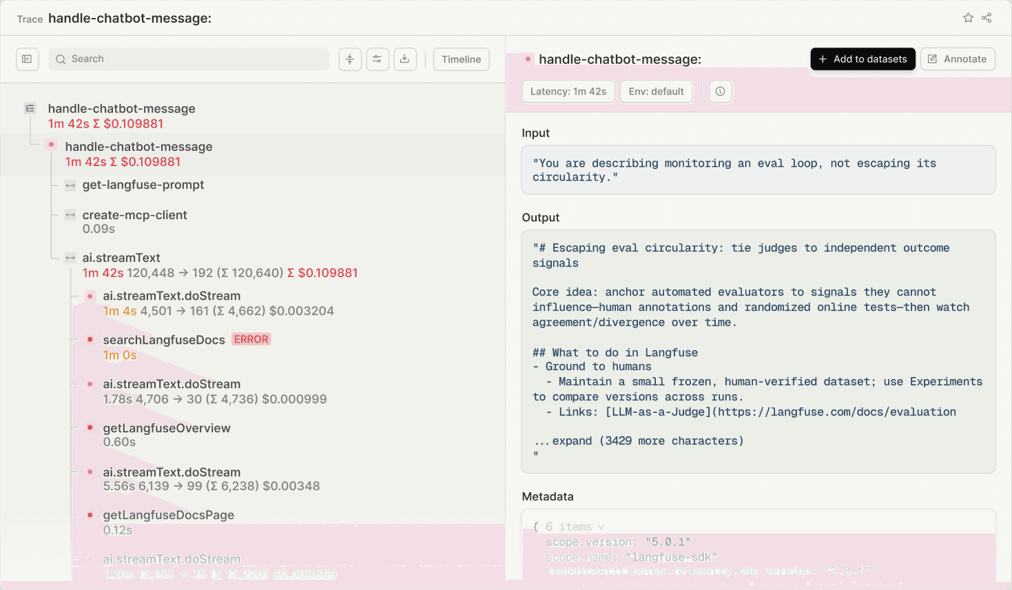Langfuse observability trace detail view showing nested observations with latency and cost
